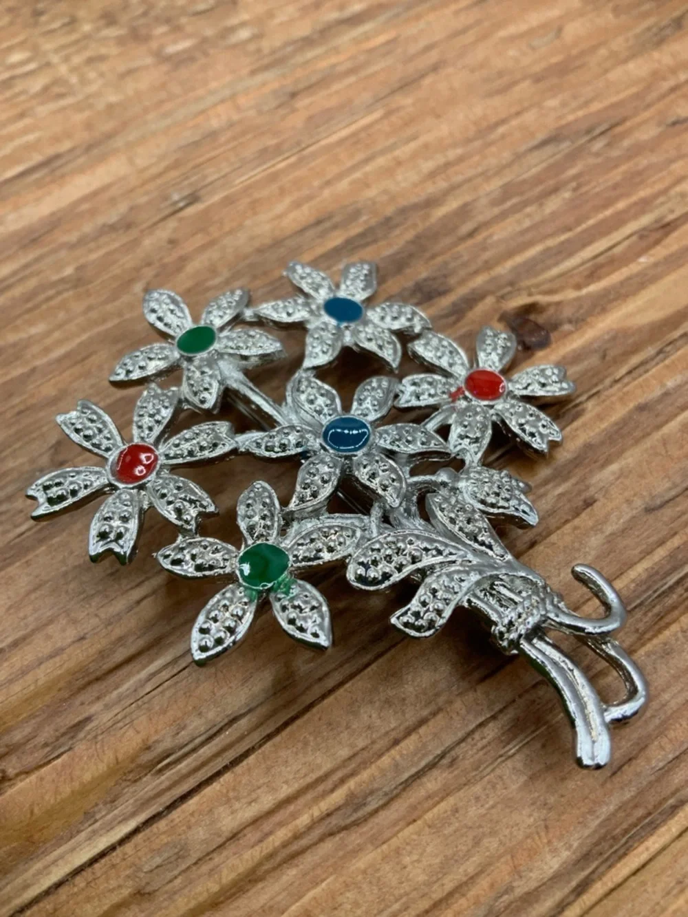 Floral Bouquet Vintage Red, Green & Blue Accents Silver-Tone Brooch